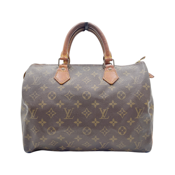 Secondstore pre-owned Louis Vuitton Speedy 30 handbag in brown monogram canvas with natural leather handles.