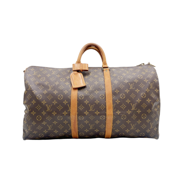 Secondstore pre-owned Louis Vuitton Keepall 55 travel bag in brown Monogram canvas with aged natural leather trim.