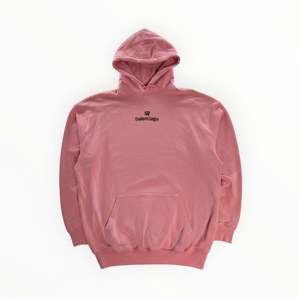 Secondstore Balenciaga pink cotton hooded sweatshirt with black logo embroidery and front kangaroo pocket