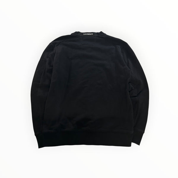 Secondstore black C.P. Company crewneck sweatshirt in soft cotton with ribbed trims and back neck logo detail.