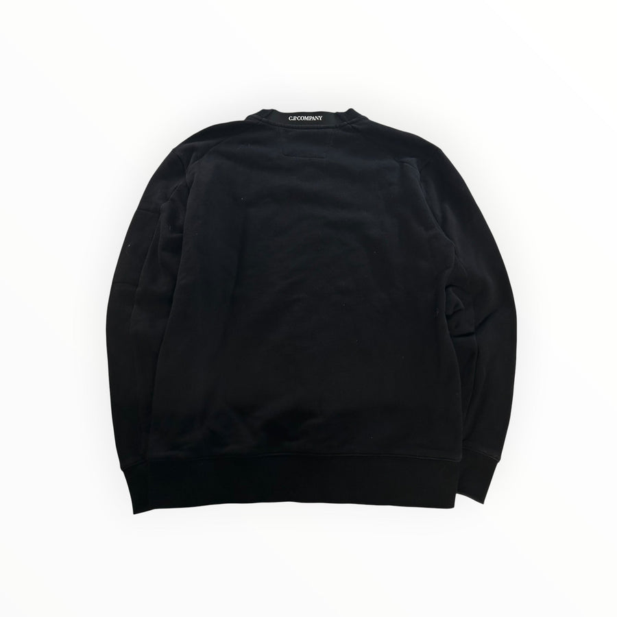 Secondstore black C.P. Company crewneck sweatshirt in soft cotton with ribbed trims and back neck logo detail.