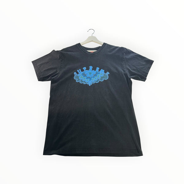 Secondstore black cotton t-shirt featuring a vibrant blue cloud graphic print on the chest and a classic crew neck.