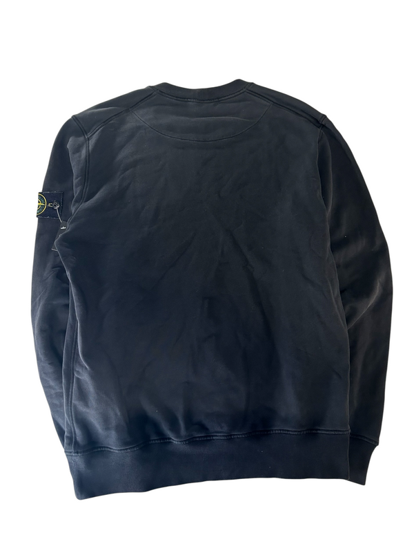 Secondstore black Stone Island crewneck sweatshirt with signature compass sleeve patch and ribbed hem details.