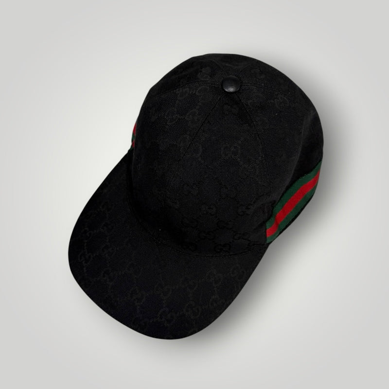 Casquette de baseball Secondstore Gucci noire avec monogramme GG ton sur ton et bande latérale rouge et verte