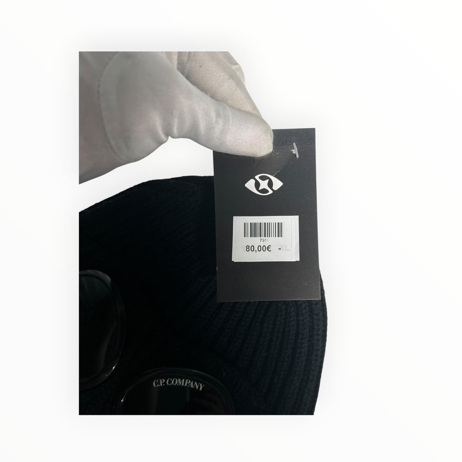 Secondstore C.P. Company black ribbed wool beanie with signature integrated goggles and original retail price tag