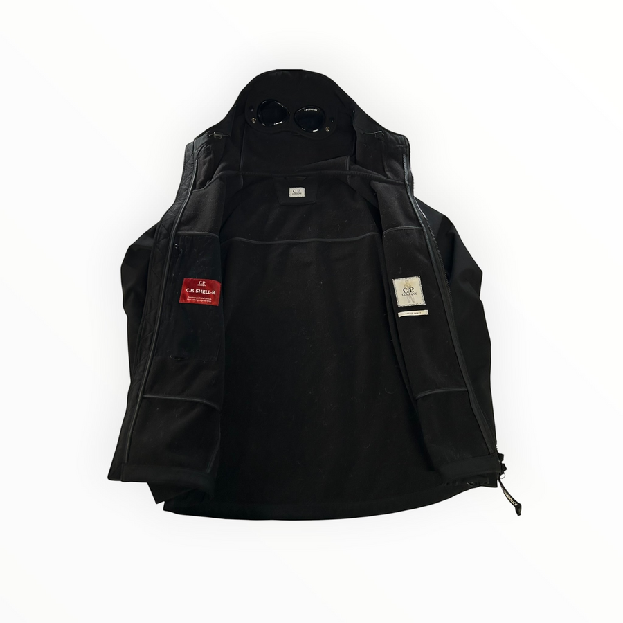 Secondstore black C.P. Company Goggle Jacket in recycled nylon shell with integrated hood goggles and fleece lining.