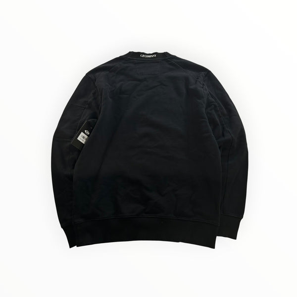 Back view of a black Secondstore C.P. Company crewneck sweatshirt in soft cotton with ribbed hem and cuffs