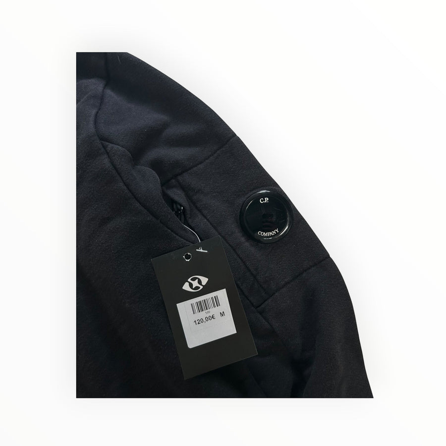 Secondstore black C.P. Company cotton sweatshirt featuring the signature lens detail on the sleeve pocket.