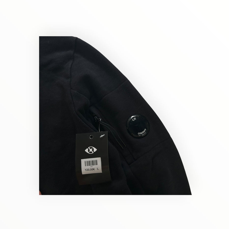 Secondstore black C.P. Company cotton sweatshirt featuring the iconic lens detail on the utility sleeve pocket.