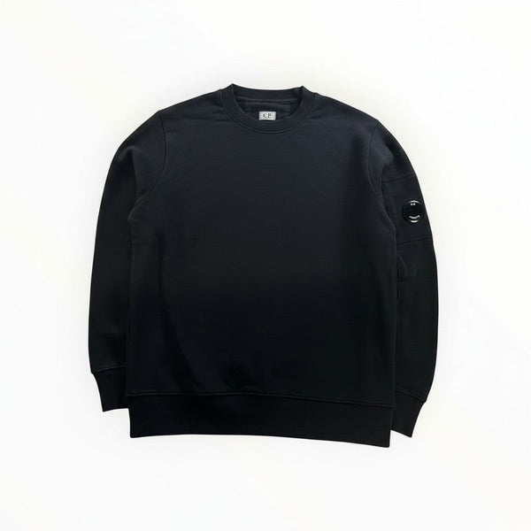 Secondstore black C.P. Company crewneck sweatshirt in soft cotton with signature lens detail on the sleeve pocket.