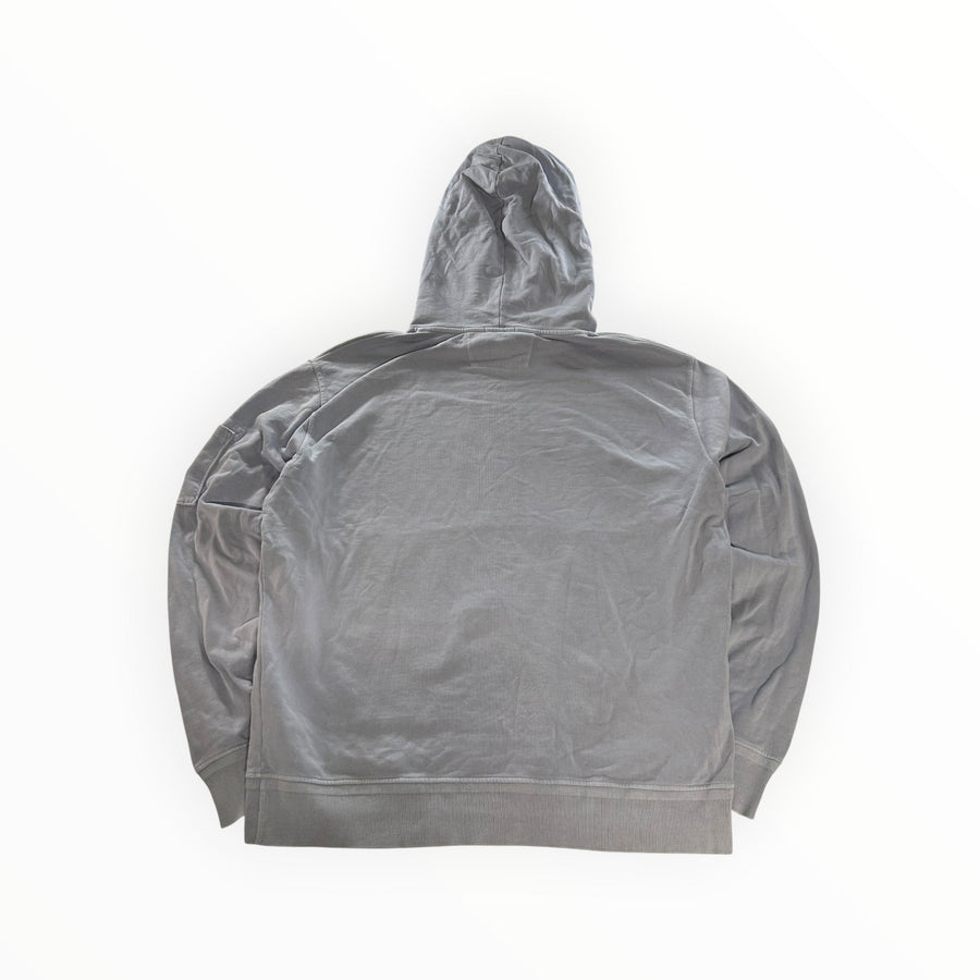Secondstore C.P. Company light grey cotton hooded sweatshirt, back view showing the hood and ribbed hem details.