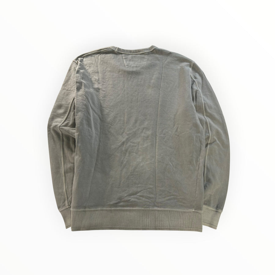 Secondstore C.P. Company garment-dyed grey cotton crewneck sweatshirt, back view showing ribbed hem and cuffs.