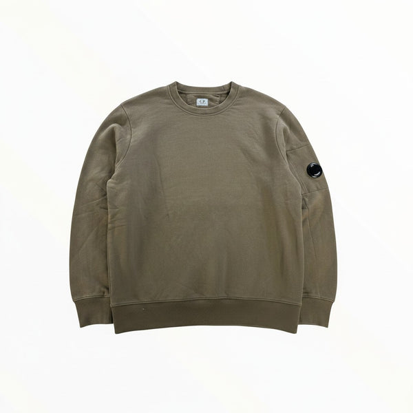 Secondstore C.P. Company khaki cotton crewneck sweatshirt with iconic lens detail on the left sleeve