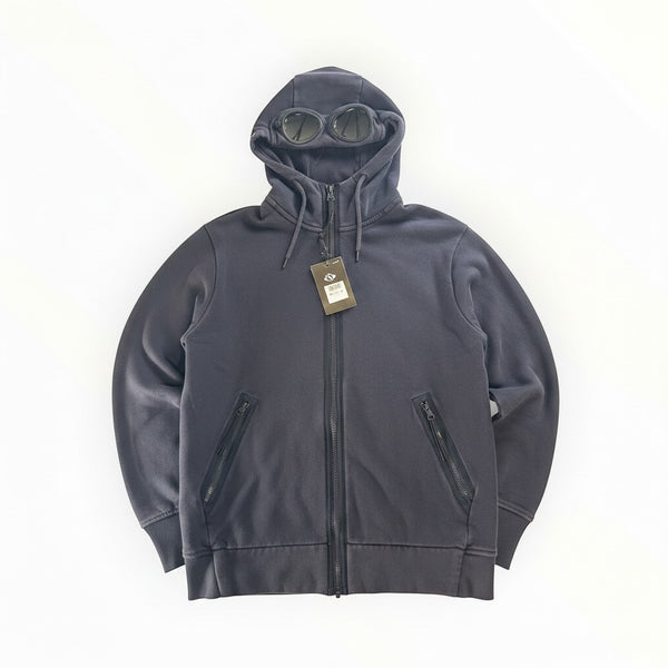 Secondstore navy C.P. Company cotton fleece zip-up hoodie featuring the signature integrated goggle hood.