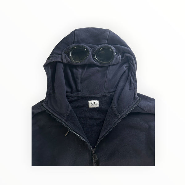 Secondstore navy C.P. Company cotton fleece zip-up hoodie featuring the signature integrated goggle hood design.
