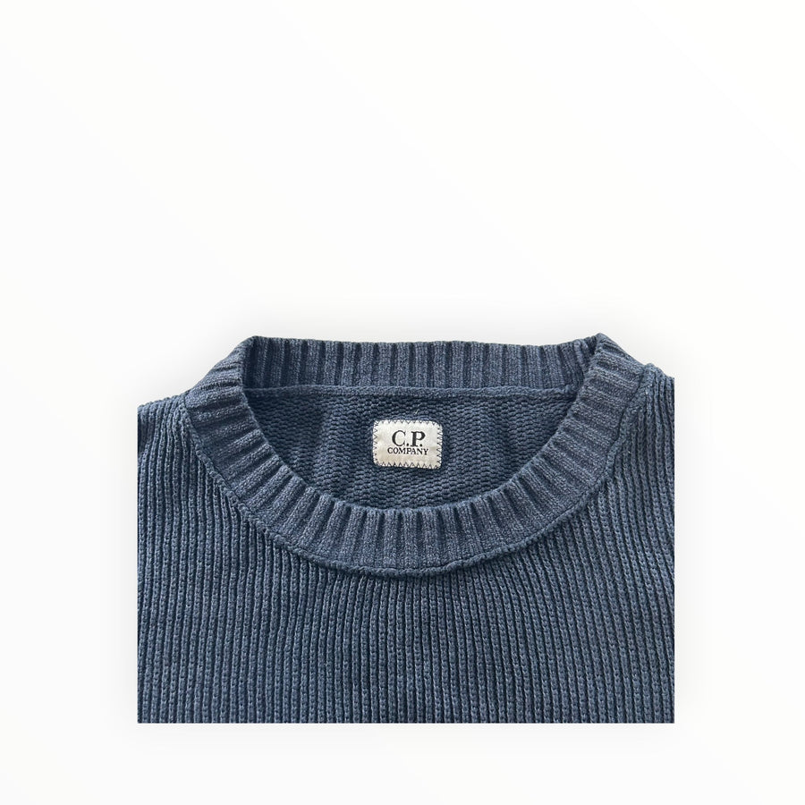 Secondstore navy blue ribbed knit crewneck sweater by C.P. Company with a classic neckline and internal brand label.