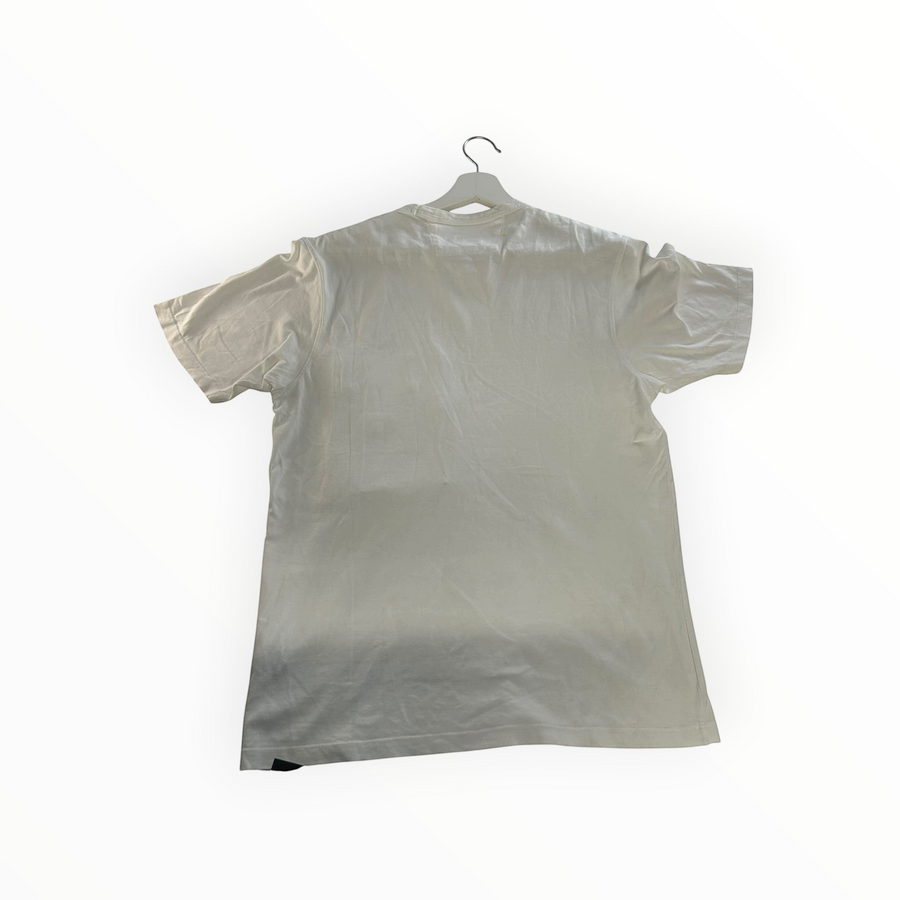 Back view of a plain off-white Secondstore C.P. Company cotton t-shirt hanging on a white hanger.