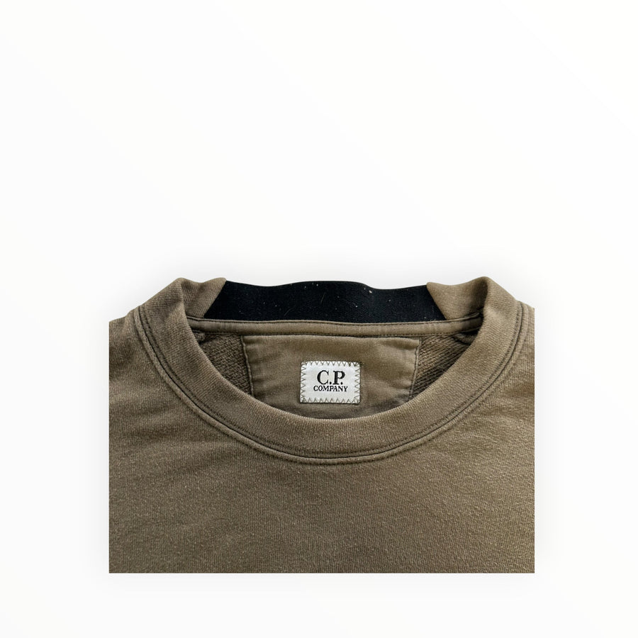 Secondstore C.P. Company olive-khaki cotton crewneck sweatshirt with internal brand label and ribbed collar detail