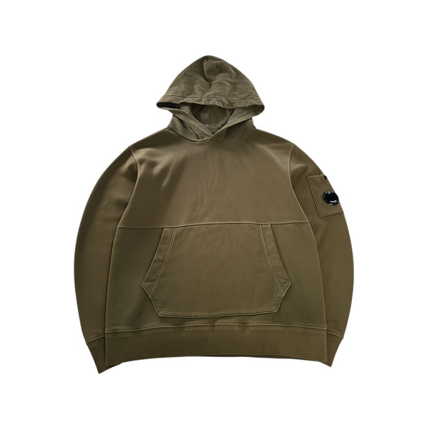 Secondstore C.P. Company olive-khaki cotton hooded sweatshirt with a signature lens detail on the sleeve pocket.