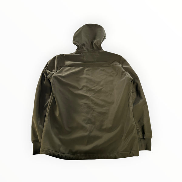 Secondstore C.P. Company olive green soft shell jacket with hood, back view showing technical fabric and ribbed cuffs.