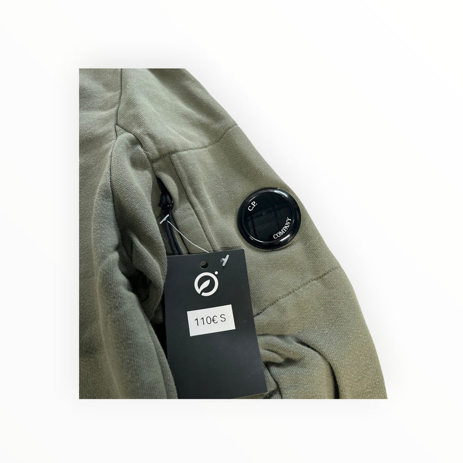 Secondstore C.P. Company olive green cotton sweatshirt featuring the signature sleeve lens pocket and brand tag.