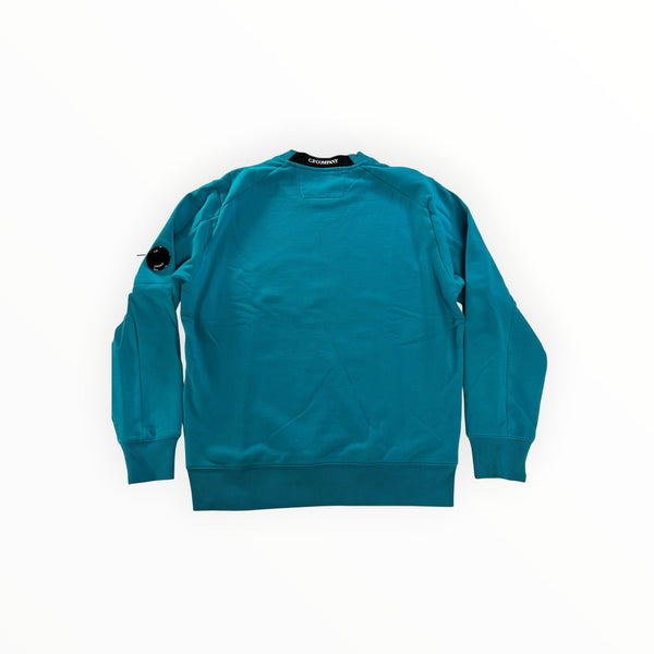 Secondstore C.P. Company teal cotton crewneck sweatshirt with signature lens detail on the sleeve pocket.