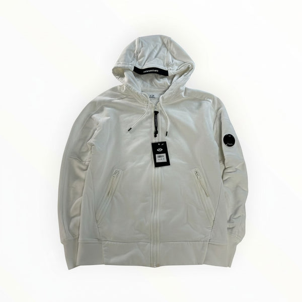 Secondstore white C.P. Company cotton full zip hooded sweatshirt with iconic sleeve lens and side zip pockets