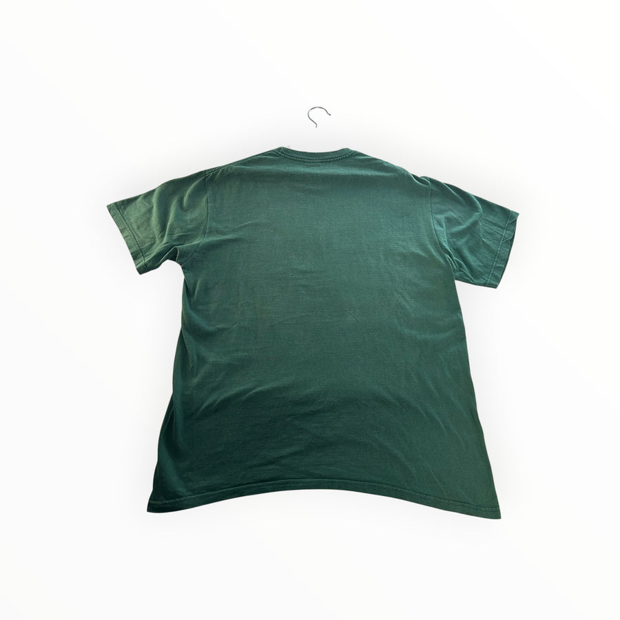Secondstore forest green cotton t-shirt with a classic crew neck, shown from the back on a hanger.