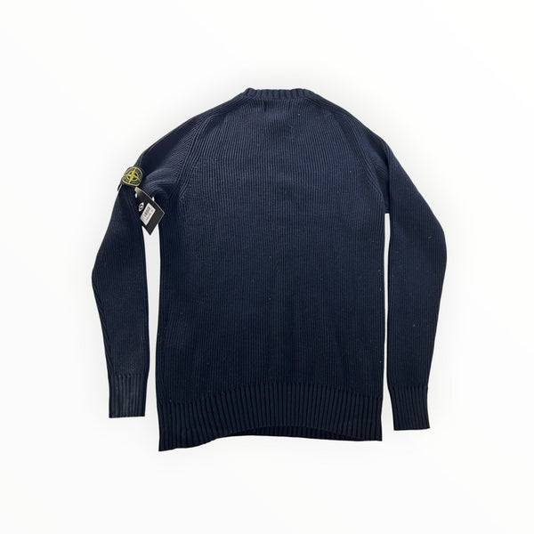 Secondstore navy blue ribbed knit crewneck sweater with iconic detachable compass patch on the left sleeve.
