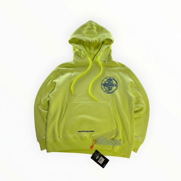 Secondstore neon yellow Off-White cotton hoodie with blue Rationalism graphic print and adjustable drawstring hood