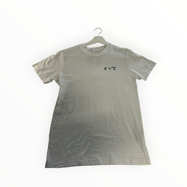 Secondstore off-white cotton crewneck t-shirt with small black chest logo embroidery on a white hanger