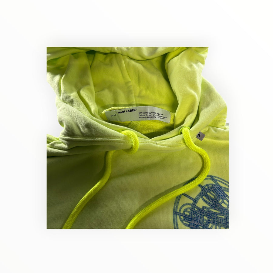 Secondstore Off-White Rationalism hoodie in neon yellow cotton with adjustable drawstring hood and graphic print