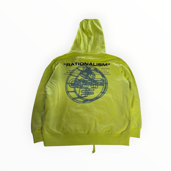 Secondstore Off-White Rationalism hoodie in neon yellow cotton with back graphic print and adjustable hood