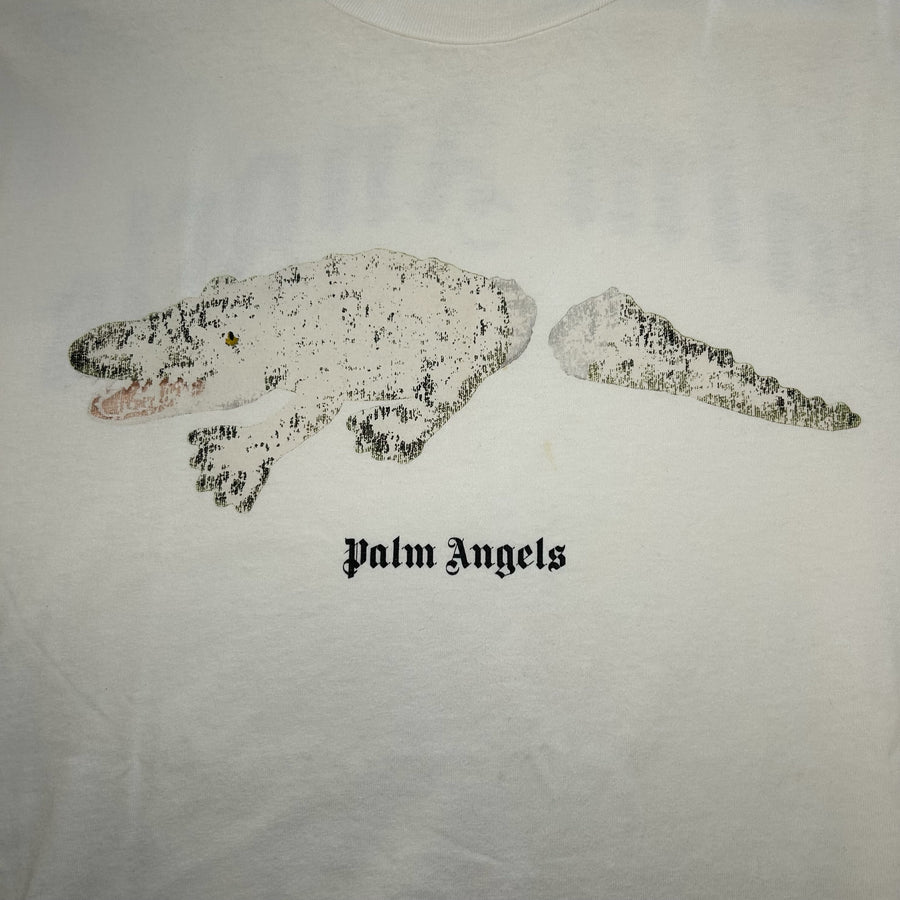 Secondstore Palm Angels off-white cotton t-shirt featuring a distressed crocodile graphic and black logo print