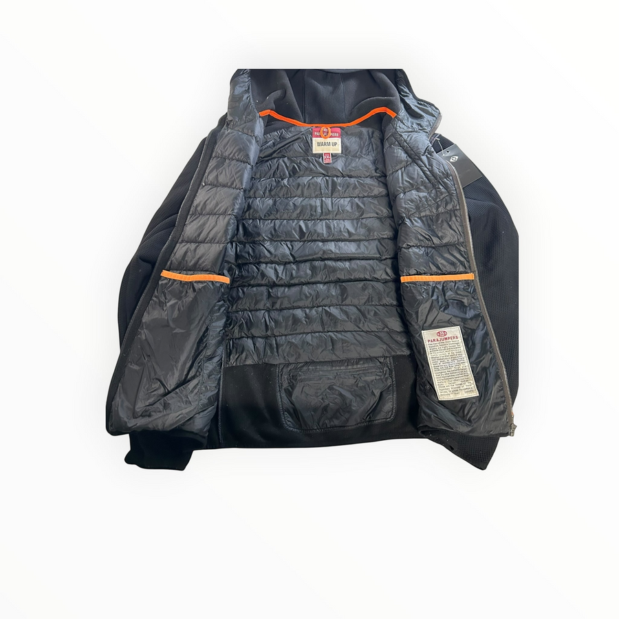 Secondstore PARAJUMPERS black hybrid hooded jacket with quilted interior and orange trim details.