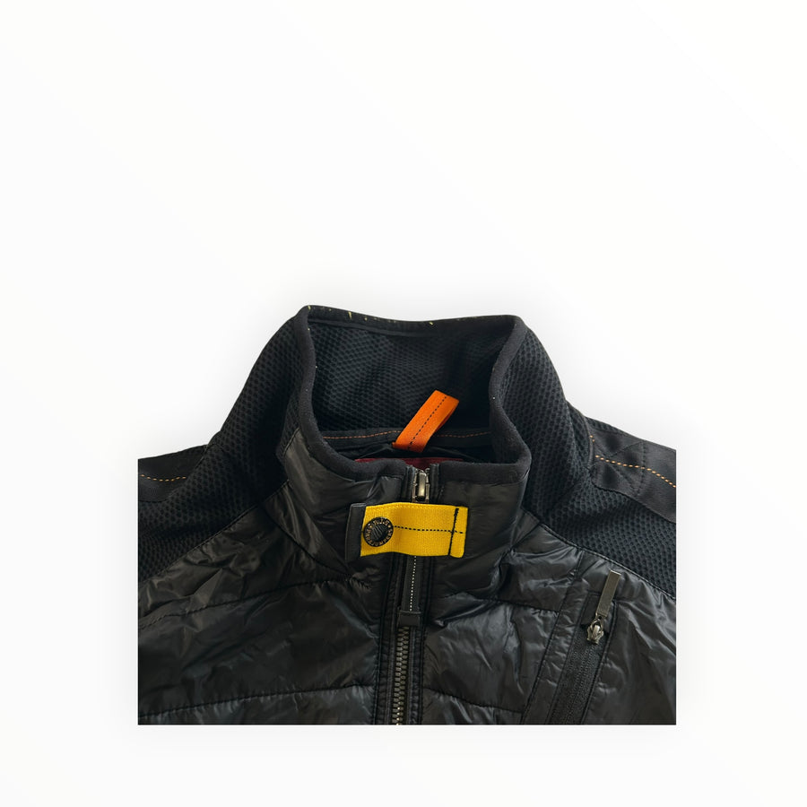 Secondstore Parajumpers hybrid jacket in black with quilted nylon, knit panels, and signature yellow neck strap detail.