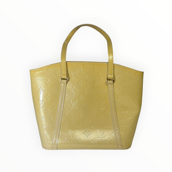Sac cabas Secondstore Louis Vuitton en cuir verni jaune pâle avec motif Monogram embossé et anses assorties