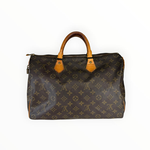 Sac à main Louis Vuitton Speedy en toile Monogram marron avec anses en cuir naturel, proposé par Secondstore