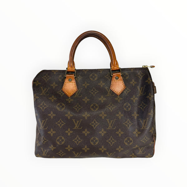 Sac à main Louis Vuitton Speedy en toile Monogram marron avec anses en cuir naturel, proposé par Secondstore.