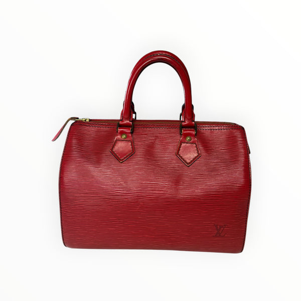 Sac à main Secondstore Louis Vuitton Speedy en cuir Épi rouge avec finitions en laiton doré et texture striée.