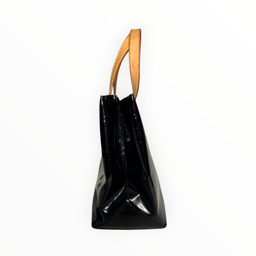 Sac à main Secondstore Louis Vuitton en cuir verni noir avec monogramme embossé et anses en cuir naturel