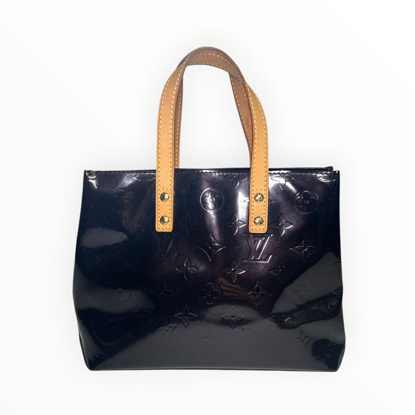 Sac à main Secondstore Louis Vuitton en cuir verni noir avec monogramme embossé et anses en cuir naturel clair