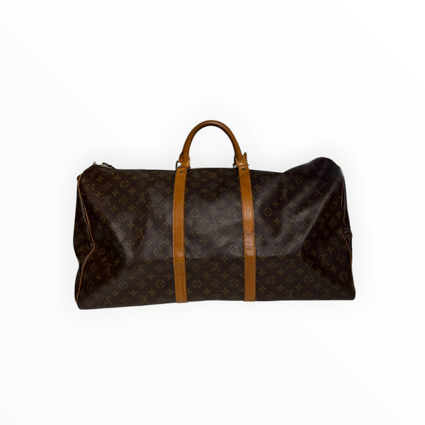 Sac de voyage Secondstore Louis Vuitton Keepall en toile Monogram marron avec garnitures en cuir de vachette naturel