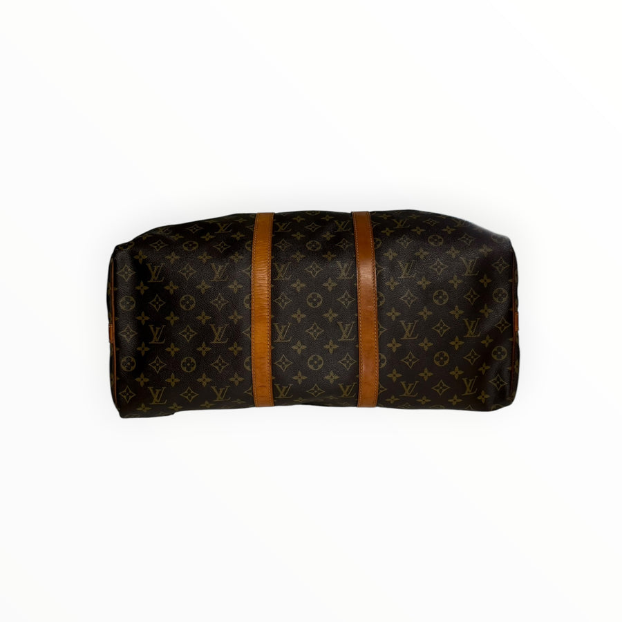 Sac de voyage Secondstore Louis Vuitton Keepall en toile Monogram marron avec finitions en cuir de vachette naturel
