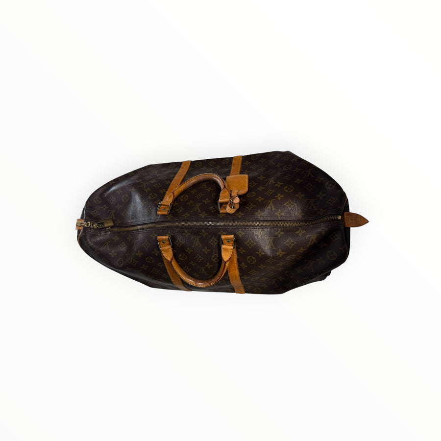 Sac de voyage Secondstore Louis Vuitton Keepall en toile Monogram marron avec finitions en cuir de vachette naturel