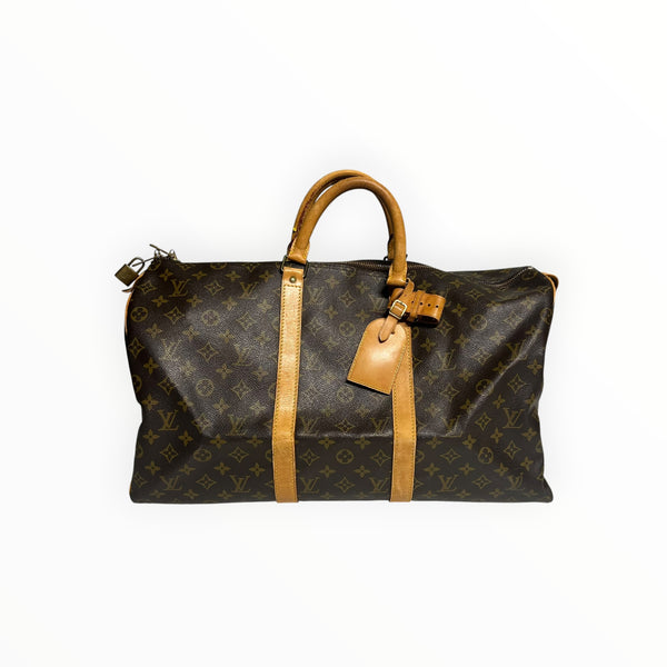 Sac de voyage Secondstore Louis Vuitton Keepall en toile Monogram marron avec garnitures en cuir de vachette naturel