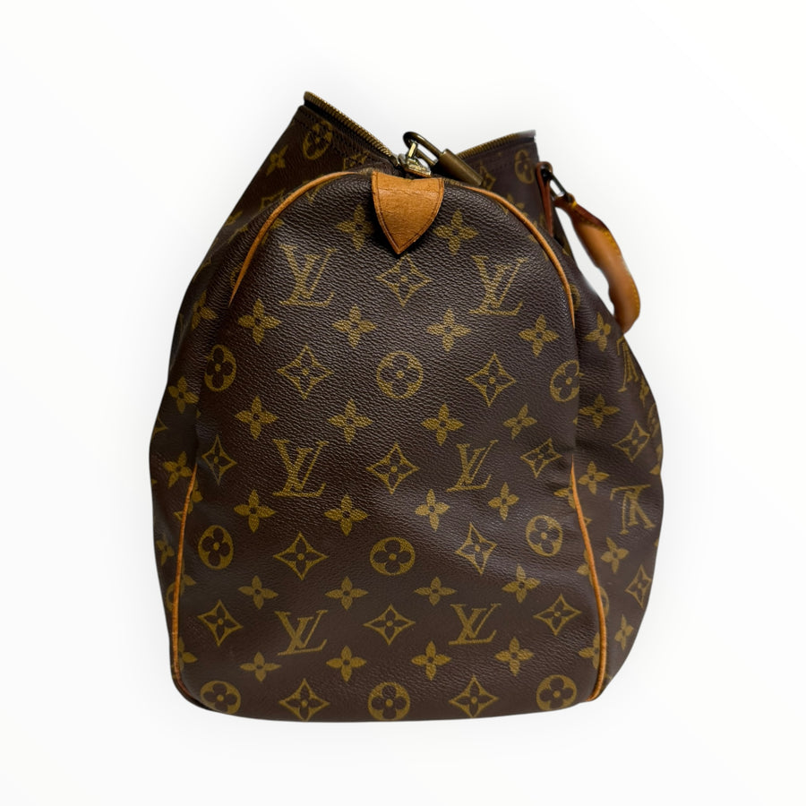Sac de voyage Secondstore Louis Vuitton Keepall en toile Monogram marron avec finitions en cuir de vachette naturel