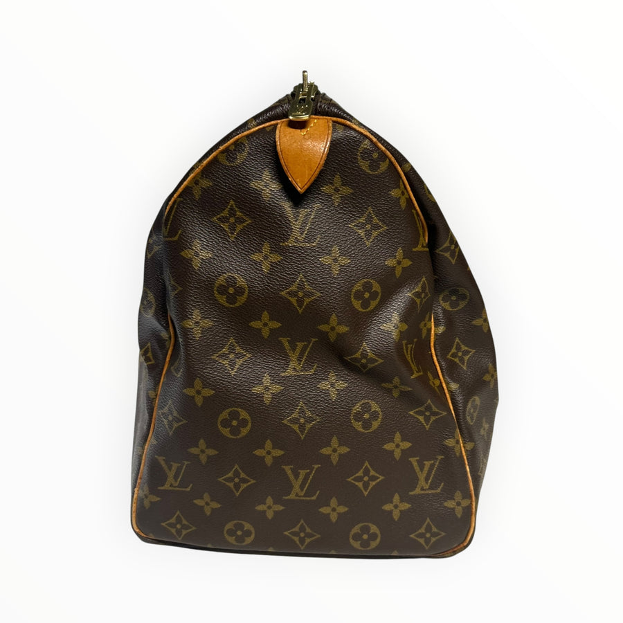 Sac de voyage Secondstore Louis Vuitton Keepall en toile Monogram marron avec finitions en cuir de vachette naturel