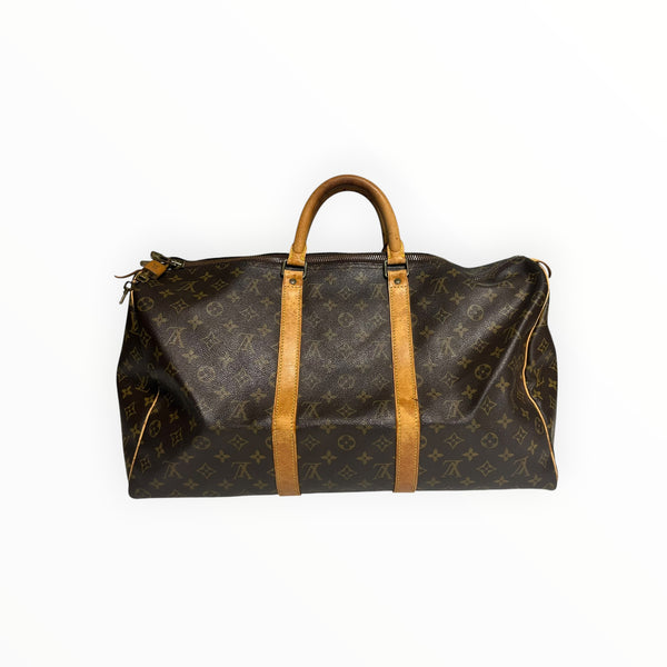 Sac de voyage Secondstore Louis Vuitton Keepall en toile Monogram marron avec finitions en cuir de vachette naturel