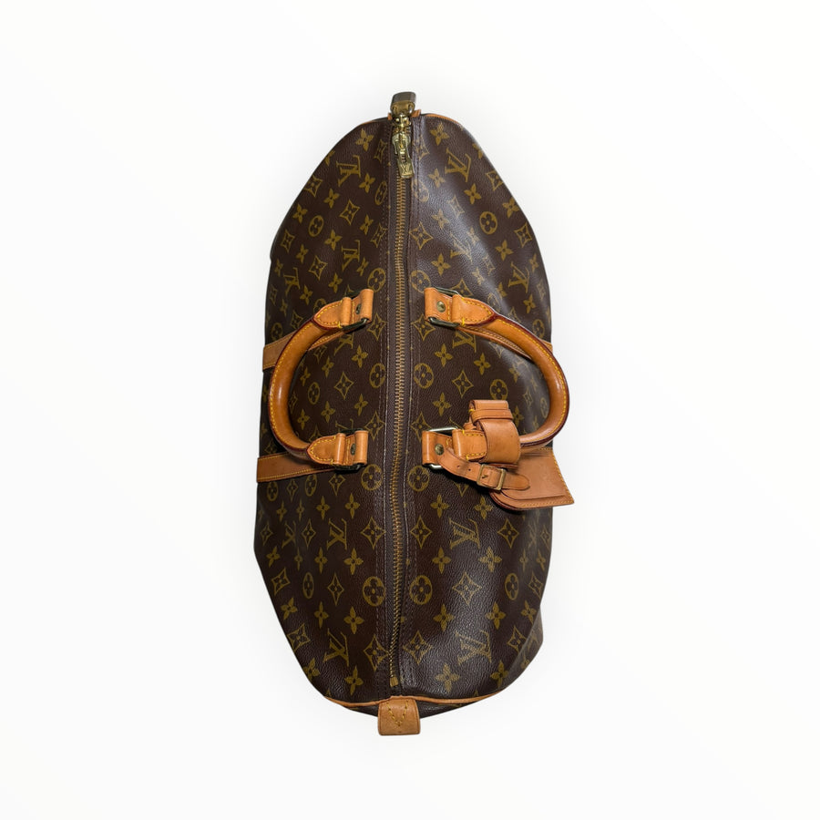 Sac de voyage Secondstore Louis Vuitton Keepall en toile Monogram marron avec finitions en cuir de vachette naturel